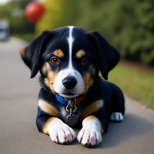 how to make image higher resolution - a dog laying on the side of a road with a red ball in the background and a black and white dog with a blue collar, by Dan Smith