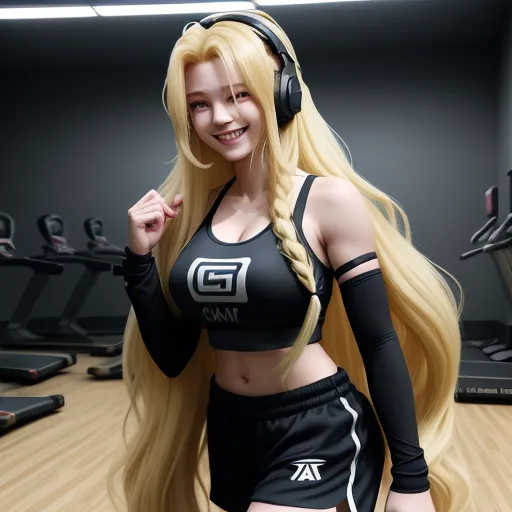 translate image online - a woman with long blonde hair wearing headphones and a black top in a gym room with a row of treadmills, by Chen Daofu