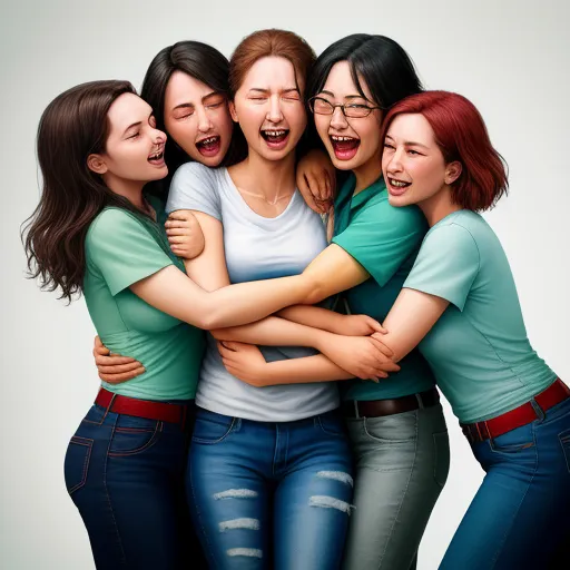 a group of women hugging each other with their mouths open and their mouths wide open, with one woman in the middle of the group, by Chen Daofu