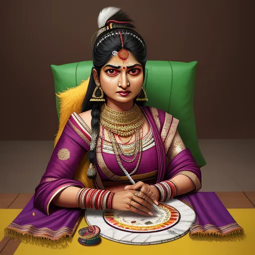 a woman sitting on a chair with a plate of food in her hand and a green pillow behind her, by Raja Ravi Varma