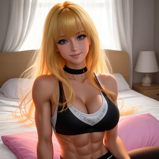 free text to image generator - a very pretty blonde woman in a bikini posing for a picture on a bed with a pink pillow and a window, by Terada Katsuya