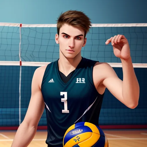 a man in a blue jersey holding a volleyball ball and a volleyball net in the background with a blue sky, by NHK Animation