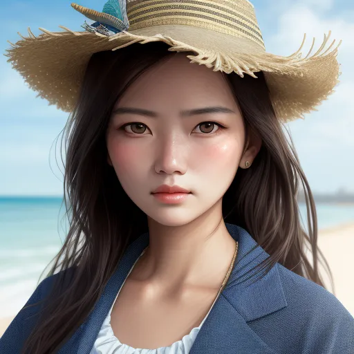 ai image generator from image - a woman wearing a hat on a beach near the ocean with a sky background and a blue sky in the background, by Liu Ye