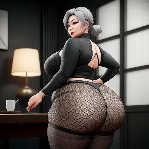 a woman in fishnet stockings and stockings is standing in front of a desk with a lamp and a lamp shade, by Akira Toriyama