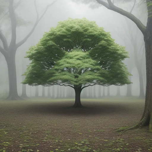 a large tree in a foggy forest with a green leafy tree in the middle of the picture, by Adam Martinakis