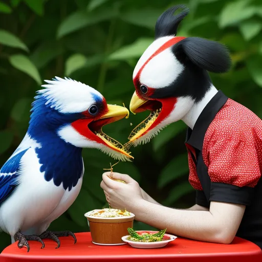 two birds are eating food from a bowl on a table with a red tablecloth and green plants in the background, by Terada Katsuya