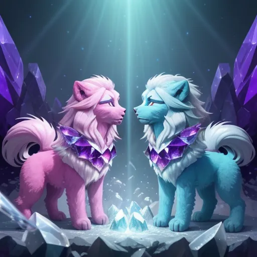 ai that creates any picture - two furry dogs standing next to each other on a rock covered ground with ice crystals and a bright light shining down on them, by Lisa Frank