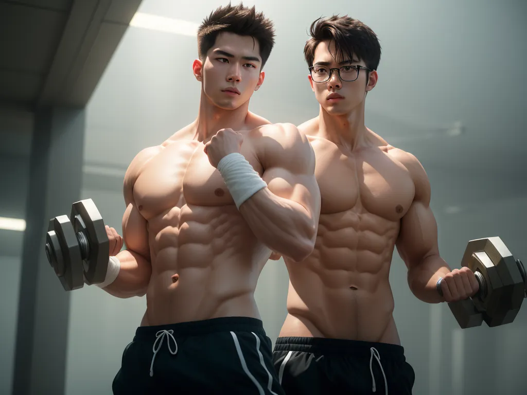 two men with no shirts holding dumbs in a gym room with a mirror behind them and a light shining on them, by Chen Daofu