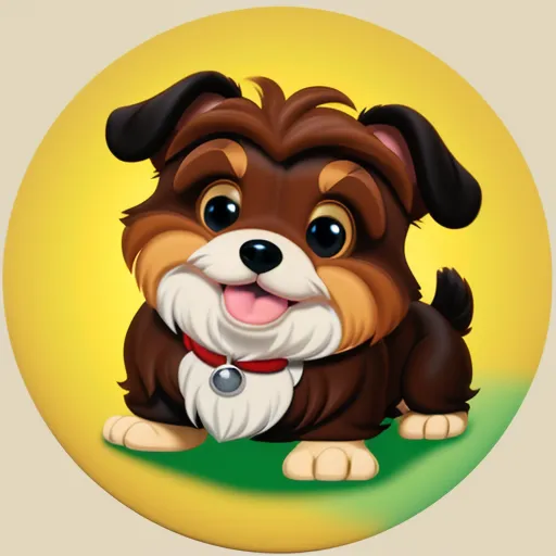 a brown and white dog sitting on top of a green field with a yellow background and a yellow circle, by Richard Scarry