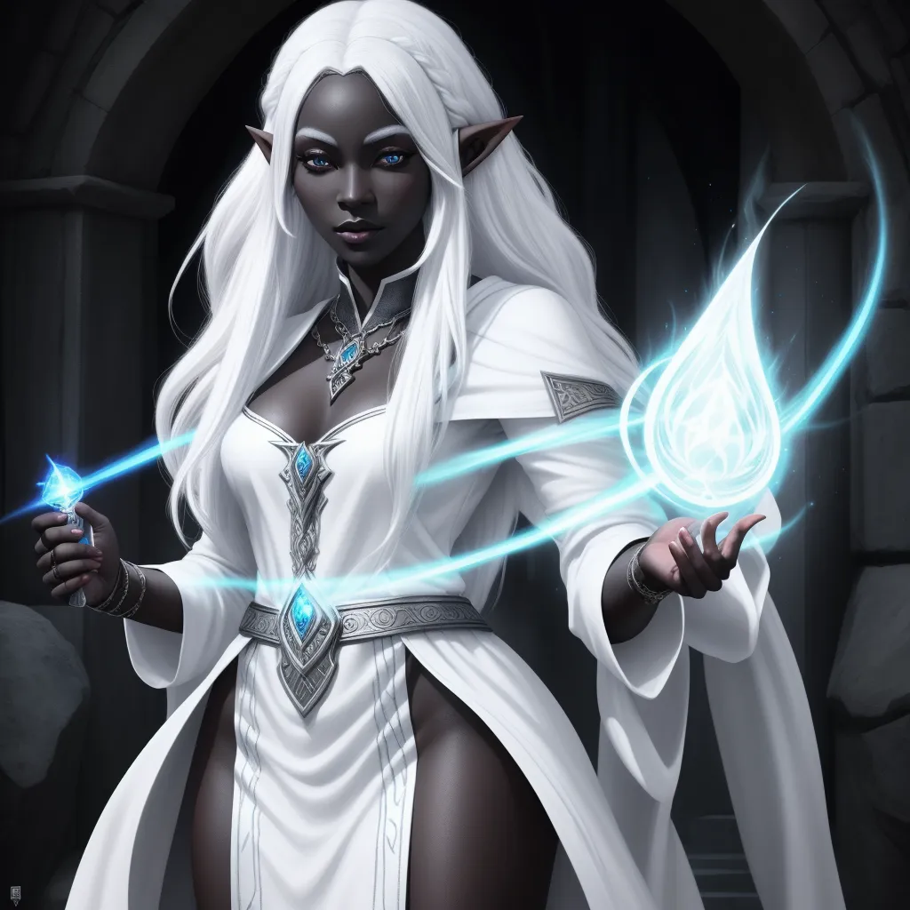 make photo 4k: 1 female drow elf wizard, black skin, white hair,