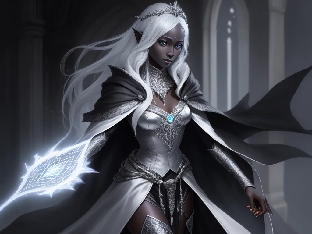 make photo 4k: 1 solo female drow scholar, black skin, silver