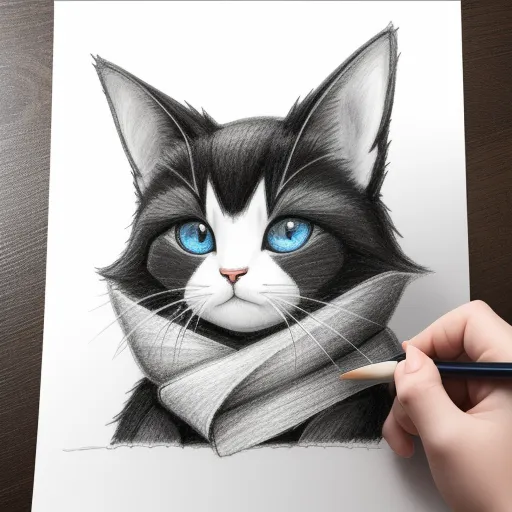 a drawing of a cat with blue eyes and a scarf around its neck, with a pencil in its hand, by Emily Murray Paterson