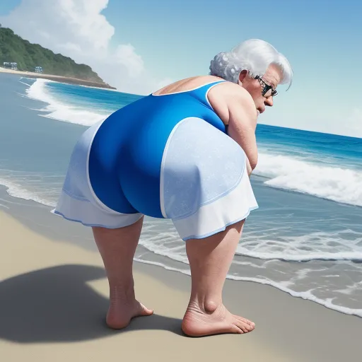 a woman in a blue and white dress standing on a beach next to the ocean with a blue sky and white clouds, by Pixar Concept Artists