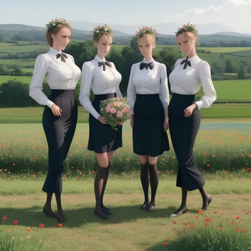 text image generator ai - three women in uniforms standing in a field with flowers in their hair and holding a bouquet of flowers in their hair, by Jamie Baldridge
