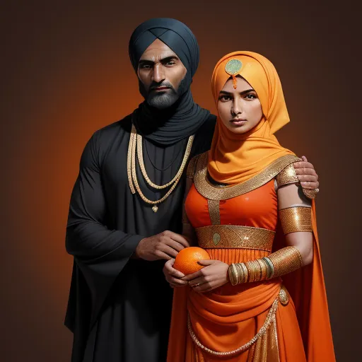 a man and woman dressed in indian garb and head coverings pose for a picture together, with a dark background, by Raja Ravi Varma