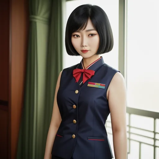 a woman in a uniform standing in front of a window with a red bow tie on her neck and shoulder, by Terada Katsuya