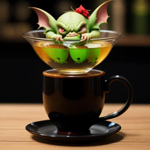 a cup with a tea in it and a small green creature in the cup on top of it, on a table, by Terada Katsuya