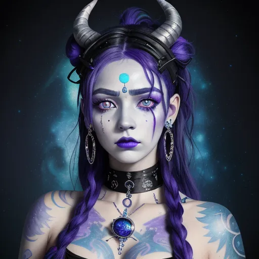 a woman with purple hair and horns with blue eyes and piercings on her head and chest, wearing a black bra, by Daniela Uhlig