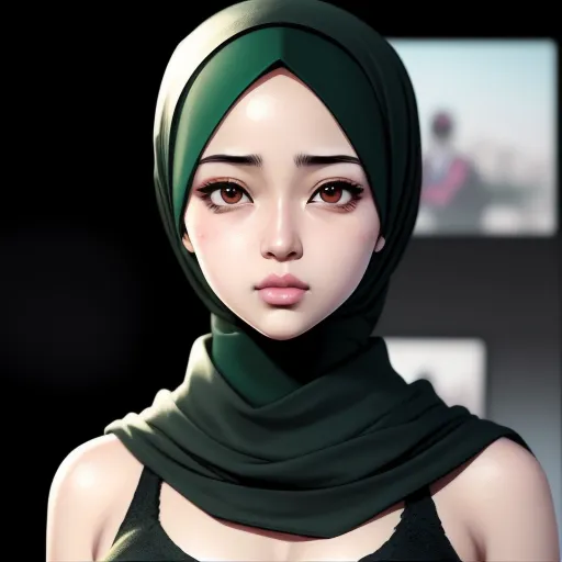 make image higher resolution - a woman with a green head scarf on her head and a black background with a white frame around her, by Lois van Baarle