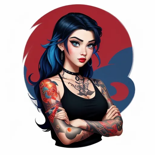 ai generated images from text online - a woman with tattoos and a black top is posing for a picture with her arms crossed and her arms crossed, by Lois van Baarle