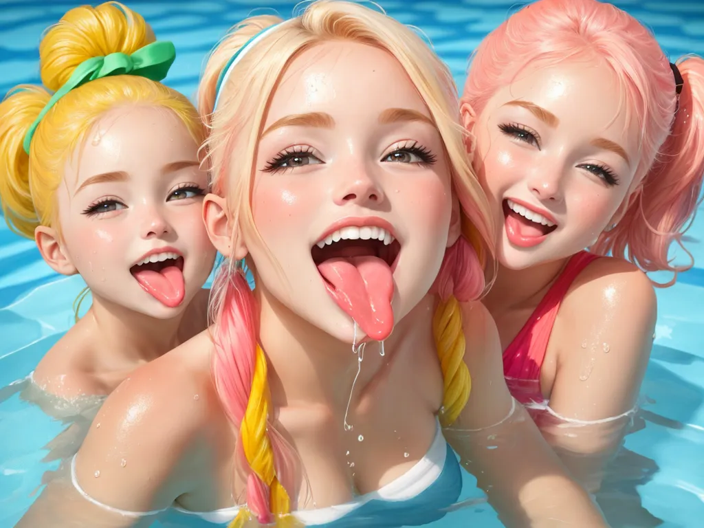 ai image app - three girls in a pool with their tongue out and their tongues out to the side of the pool, with their mouths open, by Daniela Uhlig