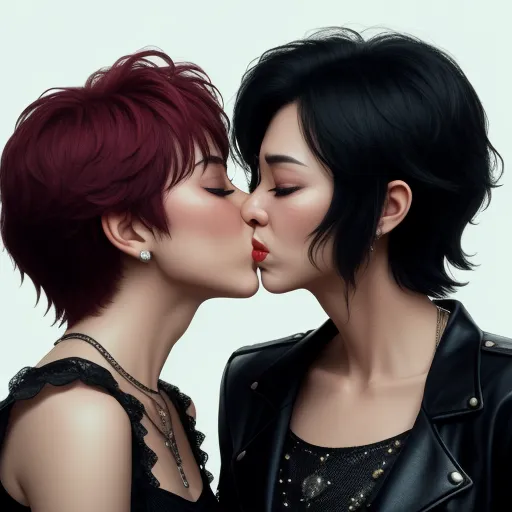 enhance image quality - two women kissing each other while wearing black clothing and red hair and piercings on their ears and shoulders, by Daniela Uhlig
