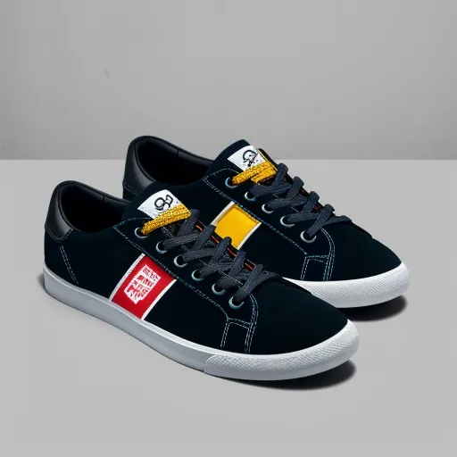 a pair of black and yellow sneakers on a table with a white background and a gray wall behind it, by Baiōken Eishun