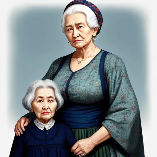 a painting of an older woman and a younger woman standing next to each other, both wearing blue dresses, by Shusei Nagaoko