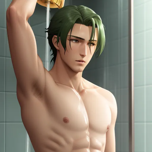 a man with green hair is holding a shower head and a towel over his head in a bathroom with a blue tile wall, by Hanabusa Itchō