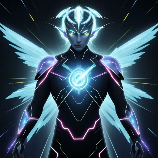 a man in a futuristic suit with wings and a glowing light around his head, standing in front of a dark background, by Lois van Baarle