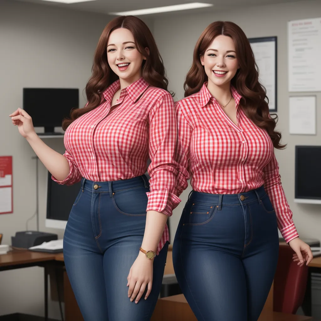text image generator ai - two women in jeans and shirts posing for a picture in an office setting with a computer desk and computer monitor, by Terada Katsuya