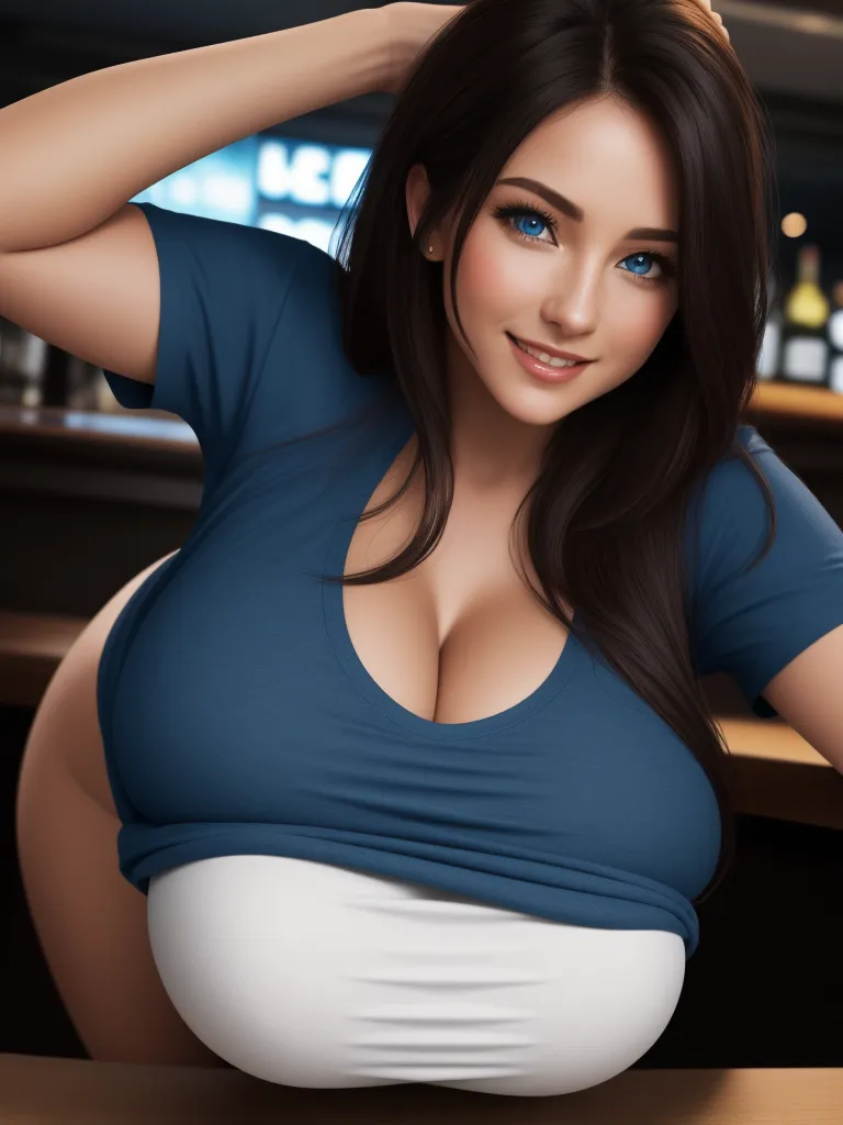 best free ai image generator - a woman with a big breast posing for a picture in a bar with a beer in her hand and a bottle in her other hand, by Terada Katsuya
