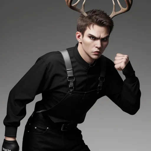 a man with a deer's head on his head and suspenders on his head, wearing a black shirt and suspenders, by Terada Katsuya