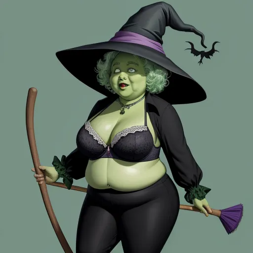 ai-generated images from text - a woman in a witches costume holding a broom and a witches hat on her head, while wearing a black bra and black stockings, by Basil Gogos