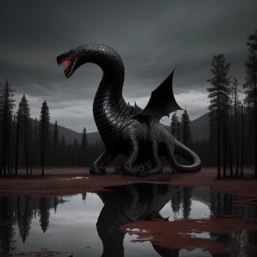 enlarge image - a black dragon statue sitting in a lake in a forest with a dark sky background and trees in the background, by Heinrich Danioth