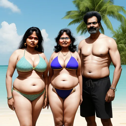 a man and two women standing on a beach next to the ocean with a man in a mustache and a woman in a bikini, by Alec Soth