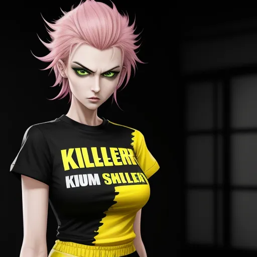 ai text image generator - a woman with pink hair and green eyes wearing a black shirt with yellow letters on it and a black background, by Terada Katsuya