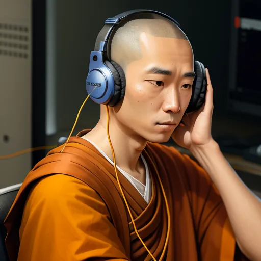 a man with headphones on sitting in front of a computer monitor and keyboard, listening to music on his headphones, by Chen Daofu