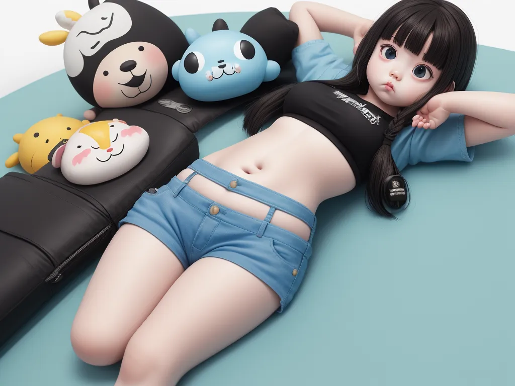 a 3d rendering of a woman laying on a couch with stuffed animals on her back and a stuffed animal on her chest, by Terada Katsuya