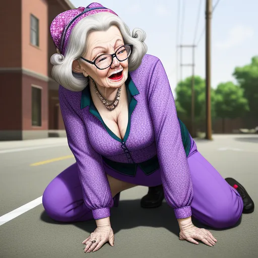 a cartoon of a woman in purple pants and a purple top is kneeling down on the street and smiling, by Pixar Concept Artists