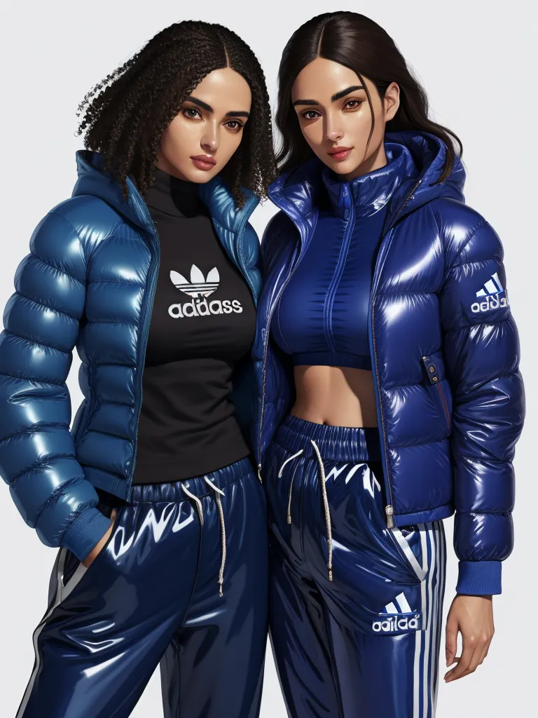convert photo to 4k online - two women in shiny blue outfits posing for a picture together, both wearing adidas jackets and pants with hoodies, by Hirohiko Araki