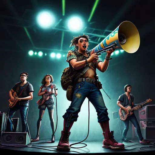 a man with a megaphone standing on a stage with other people around him and a microphone in his hand, by Lois van Baarle
