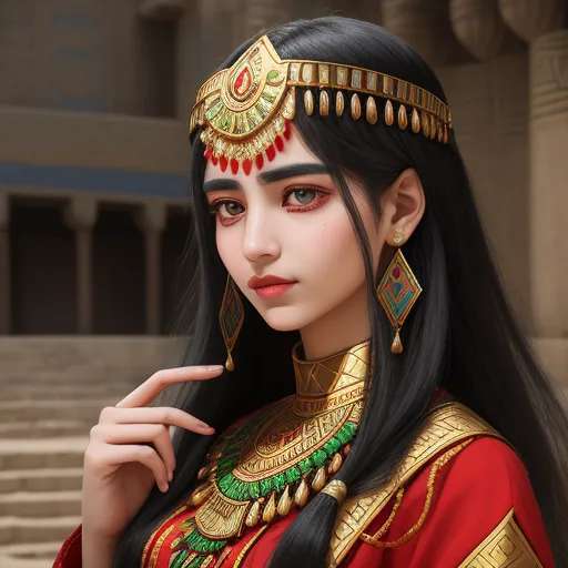 convert photo to 4k online - a woman with long black hair wearing a gold and green head piece and a red dress with gold trim, by Chen Daofu