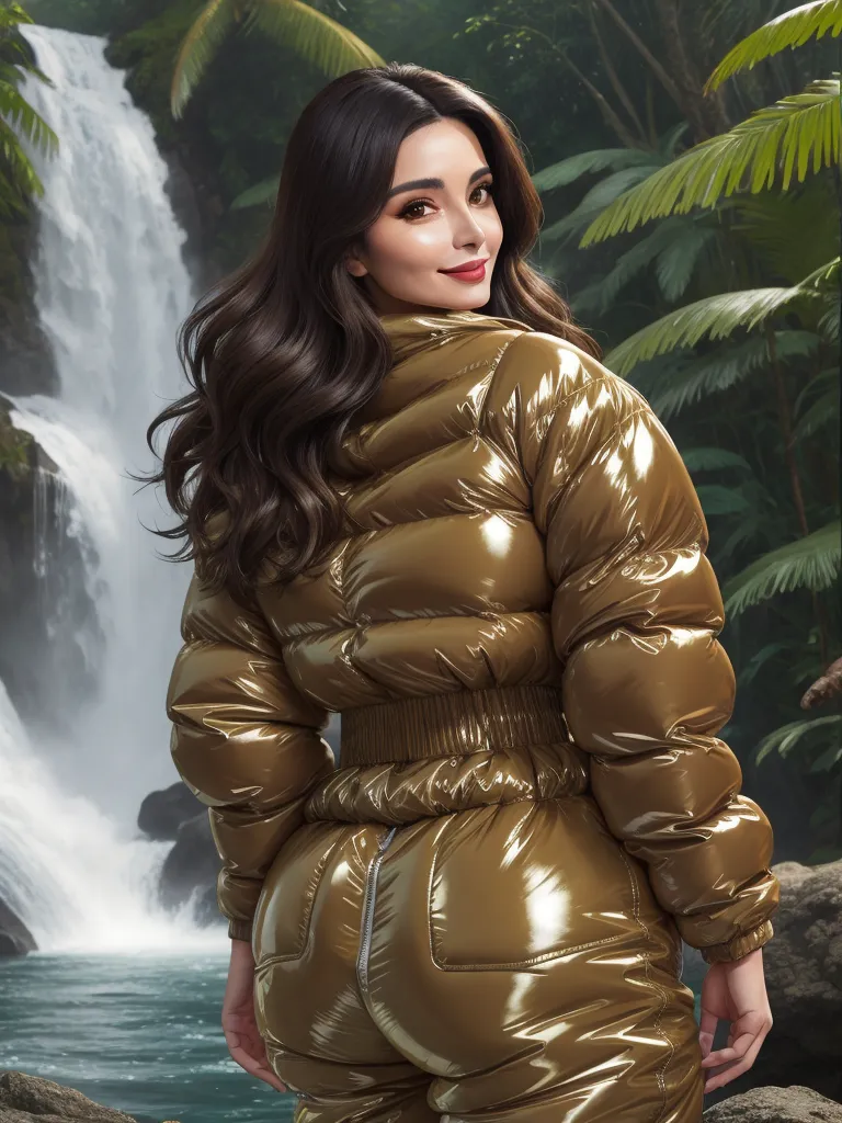 4k picture converter - a woman in a shiny gold outfit standing in front of a waterfall with a waterfall behind her and a waterfall behind her, by Botero