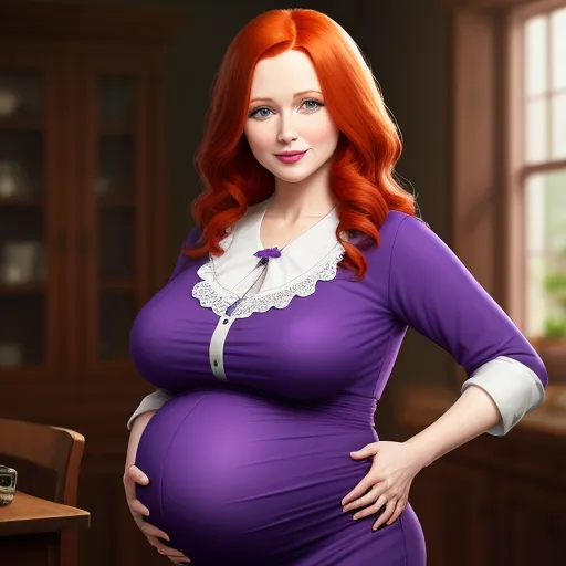 a pregnant woman in a purple dress poses for a picture in a kitchen with a window behind her and a phone on the table, by NHK Animation