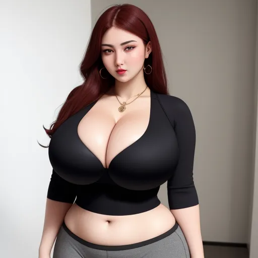best ai image app - a woman with big breast wearing a black top and grey pants with a gold necklace on her neck and a gold necklace on her neck, by Terada Katsuya
