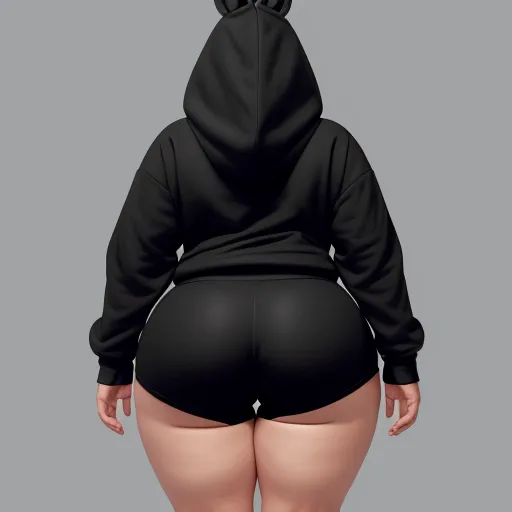 text to photo ai - a woman in a black hoodie and shorts back view, with her butt showing, and her butt showing, by Kaws