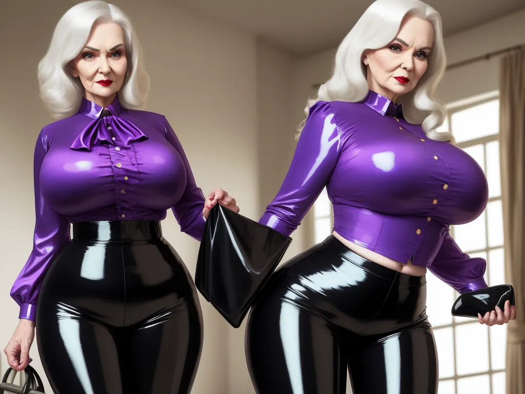 ai based photo editor - a woman in a purple shirt and black pants holding a purse and a purse in her hand and a woman in a black latex outfit, by Terada Katsuya