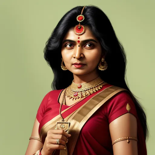 how to make a photo high resolution - a woman in a red and gold sari with a necklace and earrings on her head and a green background, by Raja Ravi Varma