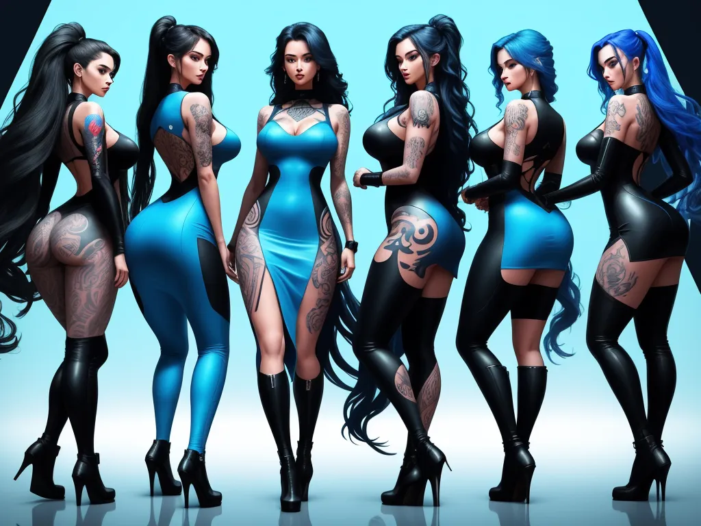 free text to image generator - a group of women in blue dresses and black boots standing next to each other with tattoos on their arms, by Akira Toriyama